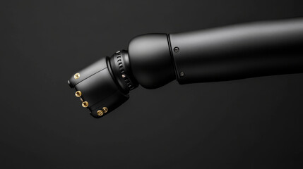 close up view of robotic arm with black finish and gold accents, showcasing its intricate design and mechanical features. arm appears advanced and futuristic, emphasizing technology and innovation