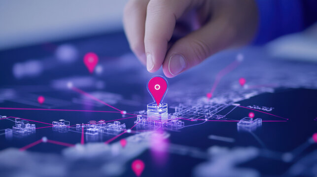 hand interacts with digital map interface, featuring glowing location markers and network lines, symbolizing advanced navigation technology