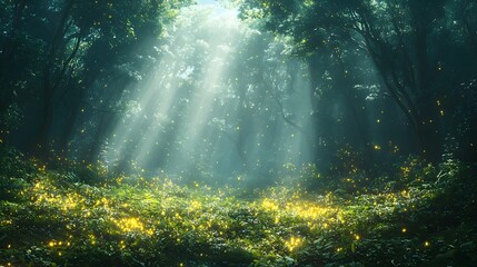 Naklejka premium Enchanting Rainforest with Glowing Vines and Towering Trees