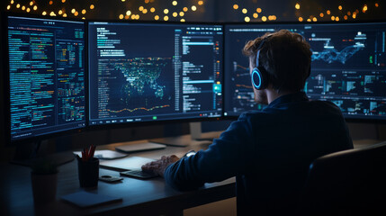 focused individual works on multiple computer screens, analyzing data and visualizations in dimly lit room. atmosphere is tech savvy and modern, perfect for data analysis