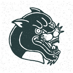 Angry Black Panther Head. Traditional Tattoo Flash. Vector illustration On Grunge Texture Background