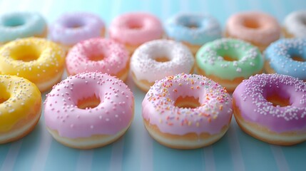 Vibrant donuts with pastel glazes and delightful sprinkles create an inviting sweet display on a striped backdrop