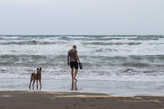 man an d dog on stormy beach