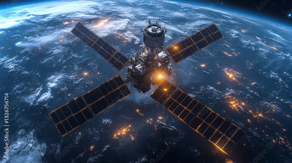 Poster A spacecraft orbits Earth, equipped with solar panels and communication systems. It provides GPS signals and tracks movements, supporting various applications.