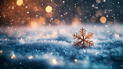 Fototapeta premium Festive snowflake in snowy landscape, bokeh lights, winter holiday background, perfect for seasonal greetings