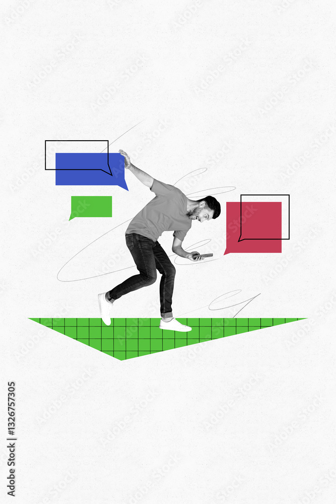 Poster 3d vertical image artwork collage of happy man hold smartphone speech message notification correspon