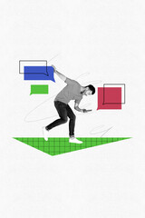 3d vertical image artwork collage of happy man hold smartphone speech message notification...