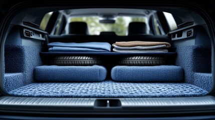 Obraz premium Neatly stacked clothing and cushions fill a spacious car trunk, showcasing an ideal setup for road trips or travel