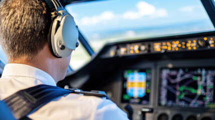 pilot wearing headphones is adjusting controls in high tech flight simulator cockpit, focusing on digital displays and instruments