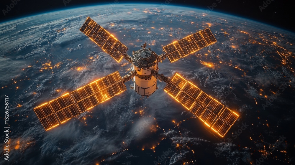 Poster a satellite orbits earth, utilizing its solar panels to harness energy. it transmits telemetry and g