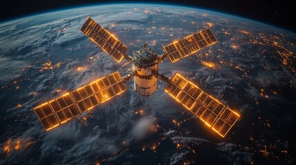 A satellite orbits Earth, utilizing its solar panels to harness energy. It transmits telemetry and GPS signals, supporting global positioning activities during dusk.