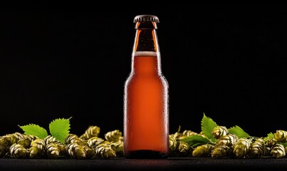 A close-up of a brown beer bottle surrounded by fresh hops, perfect for beverage advertising and brewing themes.