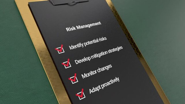 Risk management Clipboard Identify potential risks, develop mitigation strategies, monitor changes, adapt proactively Checklist writing text. 3D animation