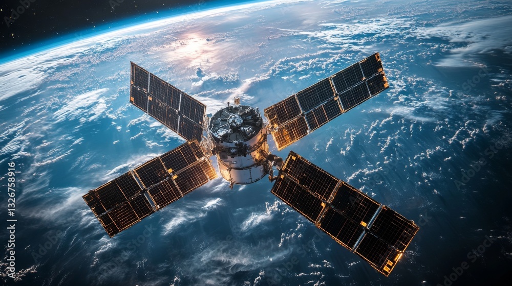 Poster this satellite is positioned in geostationary orbit, equipped with solar panels. it transmits teleme