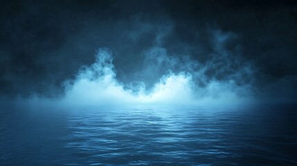 Mysterious glowing neon water surface with fog and white light