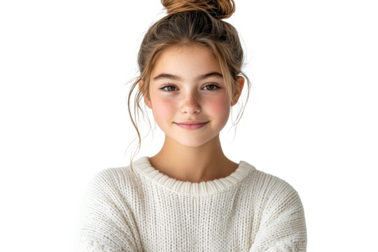 Young girl smiling with a cozy sweater on her shoulders