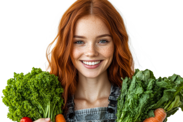 Young woman holding fresh vegetables with joyful smile