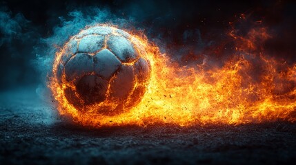 Fototapeta premium A fiery soccer ball zooms through the air, mesmerizing everyone with its dynamic flames and energy
