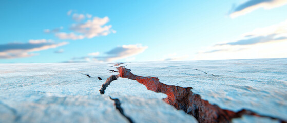 tectonic plate boundary with cracks revealing dynamic forces beneath, set against bright sky. image captures raw power and beauty of geological formations