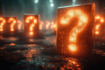 Glowing Question Mark in a Grid of Questions with Soft Orange Lighting