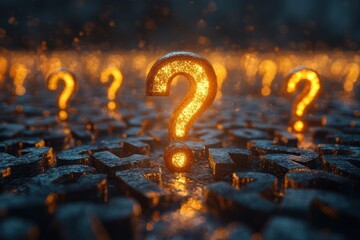 Illuminated Question Mark in a Grid of Questions 3D Render