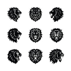 Obraz premium Black silhouettes of roaring lion head vector image with white background