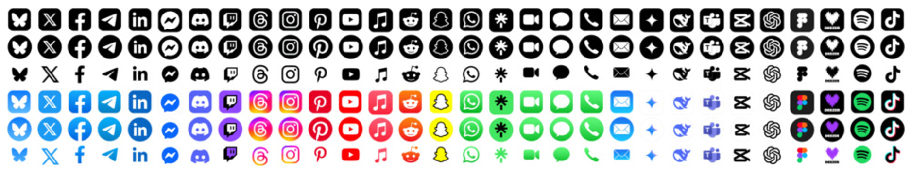 Threads, Instagram, TikTok, X, Facebook, Whatsapp, Twitter, YouTube, Telegram, Snapchat, Pinterest, Reddit, Messenger, Deezer, Bluesky, Spotify and LinkedIn app icons. Set of social media logos
