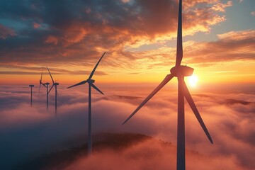 Wind Energy Turbines at Sunrise with Ethereal Fog in Nature Landscape