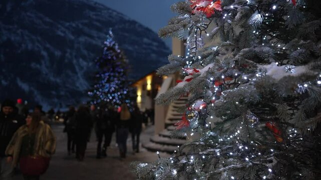View of Christmas tree on Via Roma and in Piazza Abbe Henry in Courmayeur, Courmayeur, Aosta Valley, Italian Alps, Italy