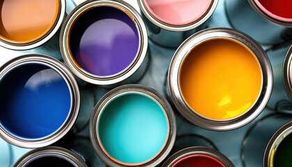 Fototapeta premium Colorful array of paint cans arranged creatively on a surface in bright daylight