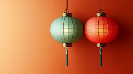 Obraz premium Two illuminated Chinese lanterns hang against an orange wall; celebration, festival, decoration