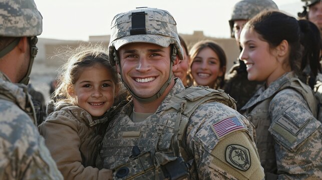 A soldier reuniting with their joyful family after deployment in warm daylight