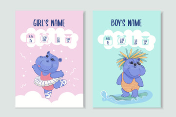 Baby birth cards for boy and girl with height, weight, date of birth. Cute hippo ballerina and surf. Vector children illustration, poster for kids with newborn metric