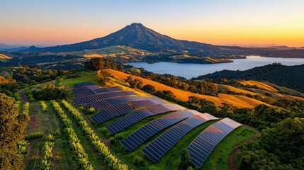 Fototapeta premium Aerial View of Solar Panels with Majestic Mountain and Serene Lake at Sunset