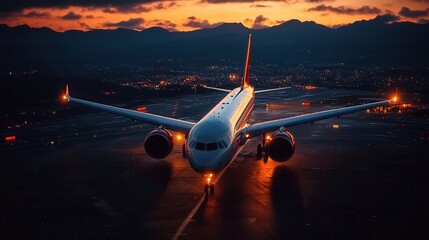 Airplane on Airport Runway During Sunset with Mountains and City Lights in Background
