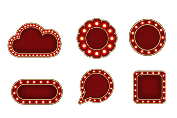 Marquee frames with red border, retro casino sign. Vintage circus banners with yellow light bulbs. Vector illustration.