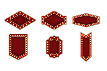 Retro casino sign. Marquee frames with red border. Vintage circus banners with yellow light bulbs. Vector illustration.