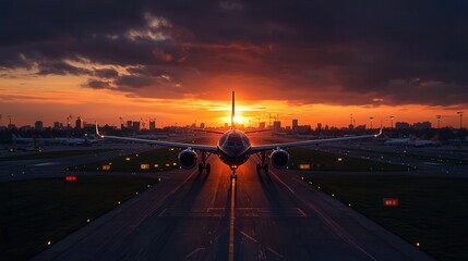 Fototapeta premium Airplane in Front of City Skyline During Sunset with Dramatic Cloudy Sky