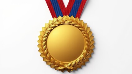 A gold participation medal with a red and blue ribbon.