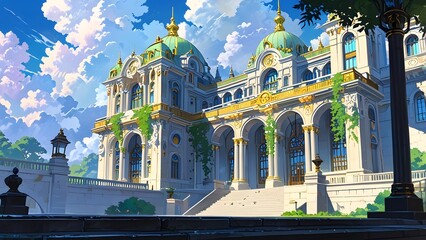 Fototapeta premium Majestic palace with lush greenery under a bright blue sky