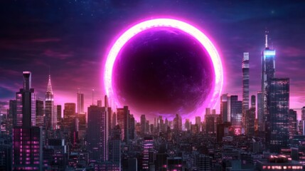 Fototapeta premium Futuristic city skyline at night, dominated by a large, glowing purple ring in the sky. Buildings are illuminated with pink and purple lights. Dark and moody atmosphere.