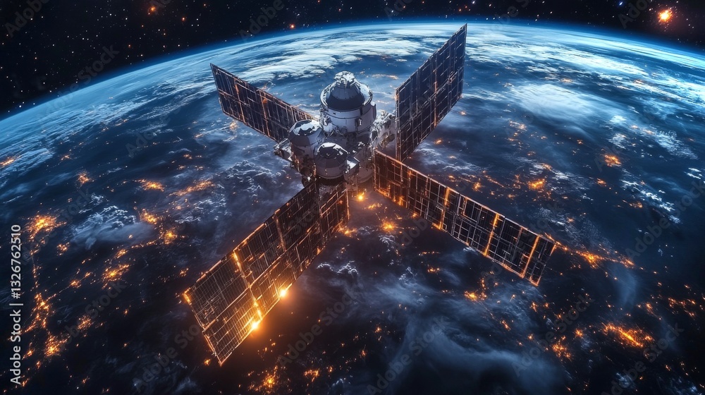 Poster A spacecraft orbits Earth at night, with solar panels illuminated by city lights below. It transmits telemetry and GPS signals for global navigation and tracking systems.