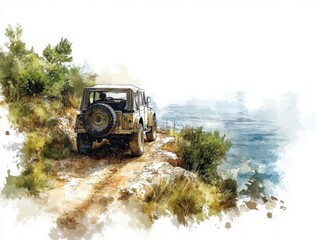 Fototapeta premium Off-road adventure in nature scenic coastline watercolor art