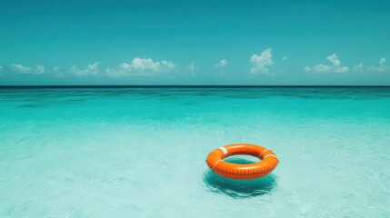 Fototapeta premium A vibrant turquoise ocean with a solitary orange lifebuoy floating peacefully on the surface under a clear blue sky.