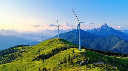 Scenic Landscape Featuring Wind Turbines on Hill with Majestic Mountains in Background