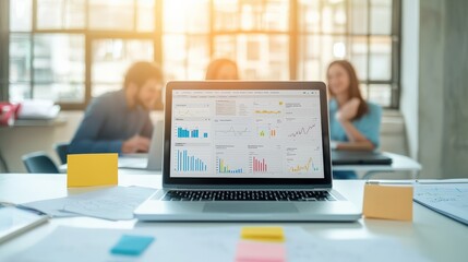 A laptop displaying data analytics charts, with colleagues in the background engaged in discussion in a bright workspace.