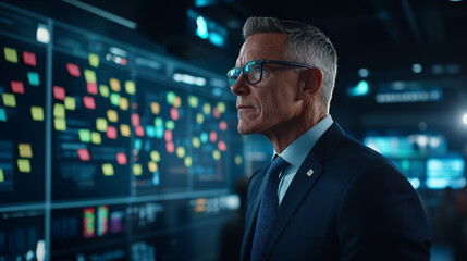 focused businessman in suit stands in front of digital display filled with colorful sticky notes, analyzing data and strategizing for success