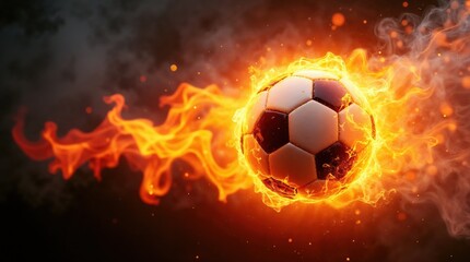 Soccer ball engulfed in flames, dynamic and intense