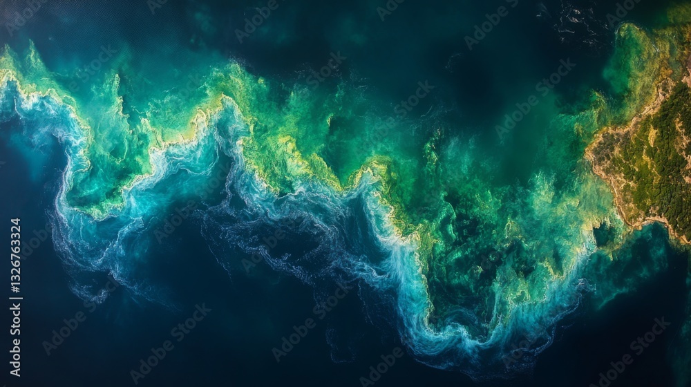 Poster A detailed view of vibrant oceanic patterns captured from space, highlighting the interaction of water, land, and biological activity along the coastline. Telemetry data aids in ecological research.