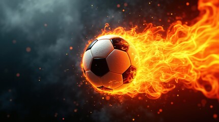 Fototapeta premium Soccer ball engulfed in flames against dark background